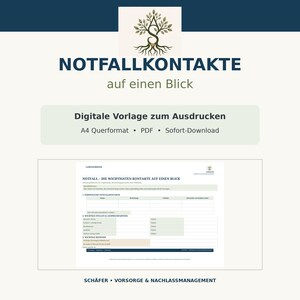 Peut inclure: Un modèle numérique de contacts d'urgence au format paysage A4 avec un logo d'arbre et le texte NOTFALLKONTAKTE auf einen Blick. Le document comprend des sections pour les contacts personnels, les services importants et des notes d'urgence.