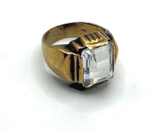 Anillo de sello para hombre de oro de 10k con cuarzo transparente, talla 8.5.