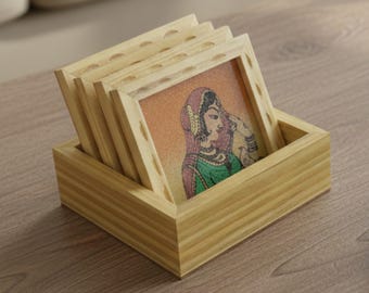 Juego de 6 posavasos de madera hechos a mano con pintura de piedras preciosas y soporte