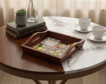 Bandeja de madera hecha a mano con 4 azulejos de cerámica florales pintados a mano / Decoración boho para el hogar y la cocina