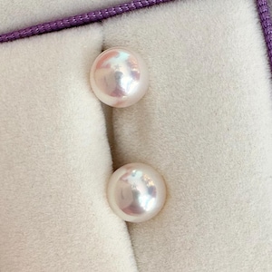 18K 8-8.5mm Super High Quality Japanese Akoya White Pearl Stud Earrings With Pink Overtone No Visible Blemish Hand Made Gift For Her #AE003