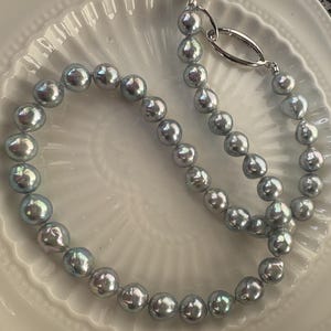 8-9mm Super High Luster Natural blue silver Japanese Saltwater Akoya Semi-Baroque Pearl Strand Necklace, Vey Thick Nacre, Gift #AS006