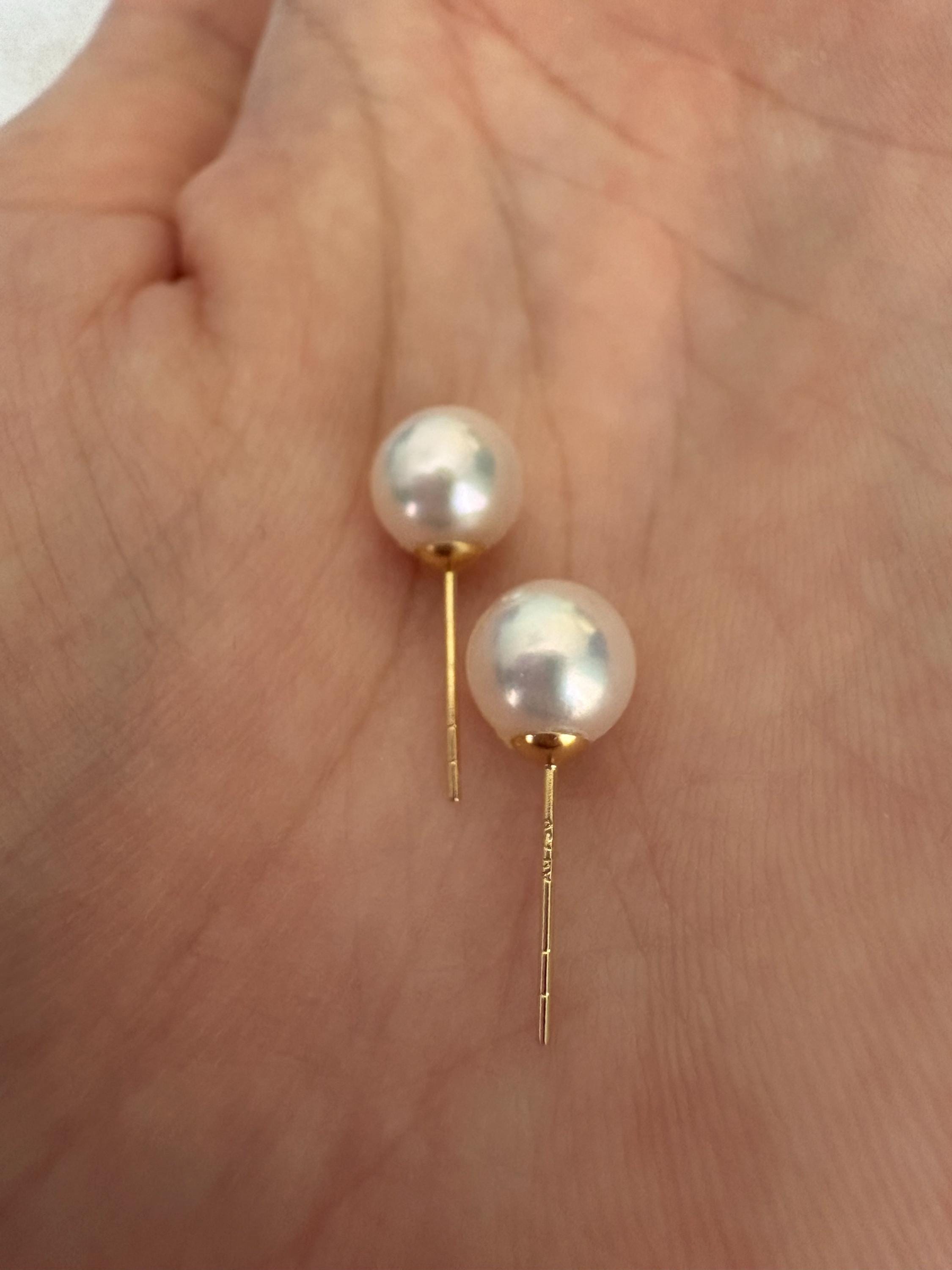 18K天然日本製海水アコヤ真珠スタッドピアス 高光沢ハンドメイド 彼女 
