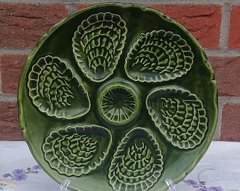 Vintage French Majolica Oyster Plate – Green Barbotine Seafood Plate, ADP Décor Inaltérable