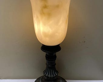 Vtg Luminaire Torchiere Candlestick Table Lamp/Footed Base Marbled Fluted Shade