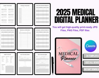 Editable Medical Planner Canva Template: Health & Medication Tracker (Digital Download, A4, 34 Pages)