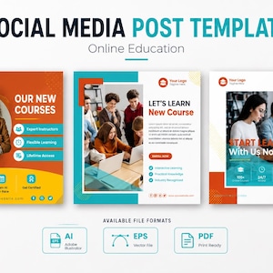 Può includere: Un set di tre modelli quadrati per post sui social media dedicati alla formazione online. I design presentano schemi di colore arancione, bianco e turchese con testo che include "Our New Courses," "Let's Learn New Course," e "Start Learning With Us Now."