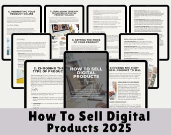 May include: A series of digital tablets showing text and graphics, with the title "How To Sell Digital Products as a Beginner" in the centre. The tablets are arranged to highlight different aspects of selling digital products.