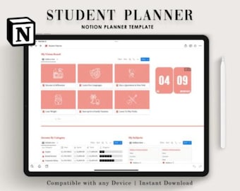 Può includere: Un modello di pianificatore digitale per studenti visualizzato su un tablet. Lo schermo mostra un'interfaccia rosa e bianca con varie sezioni, tra cui una vision board e categorie di reddito. Una penna stilo è posizionata accanto al tablet. Il testo "STUDENT PLANNER" è visibile.