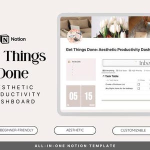 以下が含まれることがあります： 「Get Things Done」と「Aesthetic Productivity Dashboard」のテキストが入った、デジタル美学生産性ダッシュボードテンプレート。テンプレートには、タスクテーブル、受信トレイ、カレンダーが含まれています。テンプレートは初心者向けで、カスタマイズ可能です。