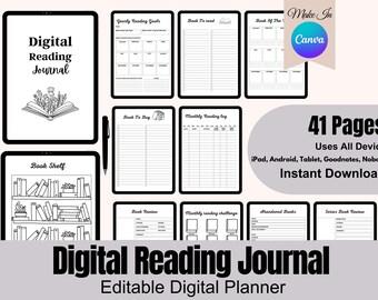 May include: Digital Reading Journal with 41 pages, designed for use on various devices. Includes templates for yearly goals, book reviews, and more. Features a black and white design with the text "Digital Reading Journal".