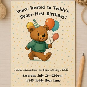 Bären-erster Geburtstag Teddybär Geburtstagseinladungsvorlage, Teddybär-Einladungsvorlage, bearbeitbare erste Geburtstagseinladung