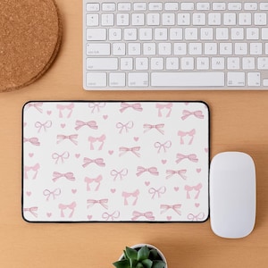 Pink Bow and Heart Desk Mat, Cute Office Decor, Mouse Pad, Computer Desk Accessory, Work from Home Gift