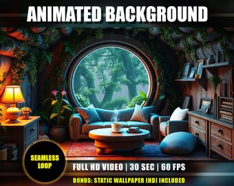 Animated Background - Cozy Treehouse Living Room | Comfy Lofi Interior Rain Forest | Vtuber Youtube Twitch Overlay