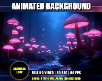 Fond animé - Forêt de champignons magiques | Champignons roses | Full HD | Fantaisie | Rivière | Nature | Stream Vtuber sur YouTube et Twitch | Boucle