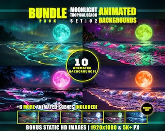 10 Tropical Moonlight Beach Animated Backgrounds - Neon Ocean Waves Bundle | Night Sea Overlays | Twitch Vtuber Youtube