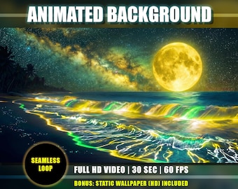 Animated Background - Moonlight Tropical Beach | Neon Yellow Green Waves Ocean | Milky Way Galaxy Sky | Twitch Vtuber Youtube