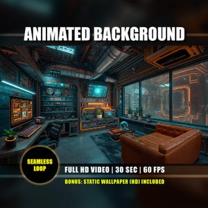 May include: An animated background image with a futuristic interior design. The scene features a room with computers, a leather couch, and a large window. Text on the image reads "ANIMATED BACKGROUND", "SEAMLESS LOOP", and "FULL HD VIDEO | 30 SEC | 60 FPS".