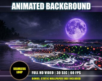 Animated Tropical Beach Background – Multicolor Spotted Bioluminescent Waves, Moonlight Sky (Digital Download)