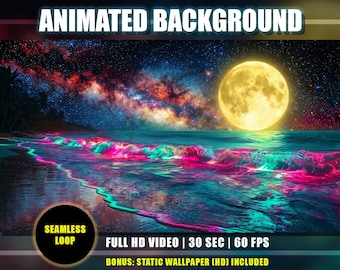 Animated Background - Moonlight Tropical Beach | Neon Pink Green Waves Ocean | Milky Way Galaxy Sky | Twitch Vtuber Youtube