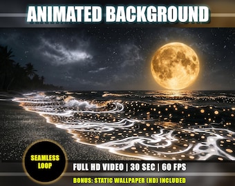 Tropical Beach Animated Background – Gold Spotted Bioluminescent Waves, Moonlight Night Sky (Digital Download)