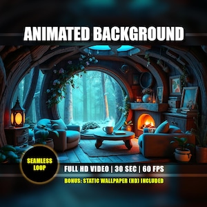 May include: An animated background image featuring a cozy interior with a large circular window overlooking a snowy forest. The scene includes a fireplace, furniture, and the text "ANIMATED BACKGROUND". The image also includes the text "SEAMLESS LOOP", "FULL HD VIDEO | 30 SEC | 60 FPS", and "BONUS: STATIC WALLPAPER (HD) INCLUDED".
