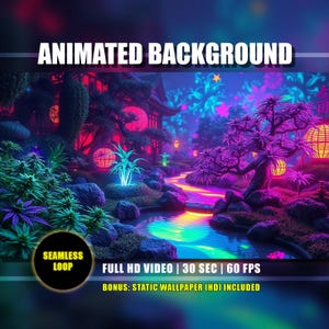May include: An animated background with a Japanese garden theme. The scene features a glowing river, traditional buildings, and vibrant neon colors. Text includes "ANIMATED BACKGROUND", "SEAMLESS LOOP", "FULL HD VIDEO | 30 SEC | 60 FPS", and "BONUS: STATIC WALLPAPER (HD) INCLUDED".