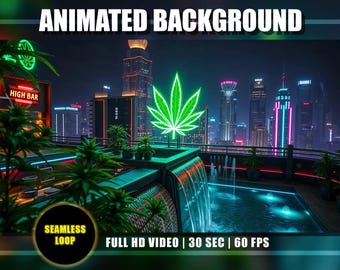 Weed Rooftop Lounge Animated Background, Cannabis Neon Cityscape, Urban Night Scene, Mari juana VTuber Twitch Youtube Stream HD Loop Video