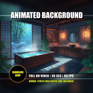 May include: An animated background image of a Japanese-style spa. The scene features a wooden hot tub with blue water, a large window with a snowy outdoor view, and the text "ANIMATED BACKGROUND". Includes a seamless loop video.