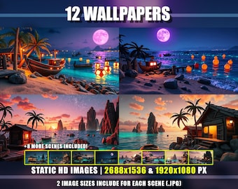 Tropical Fishing Village 12 Wallpapers Bundle - Night & Sunset Static HD Images | Desktop PC Ocean Background Lo-fi Serene Digital Download
