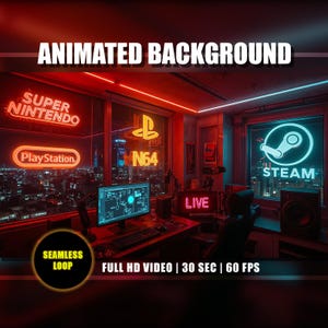 以下が含まれることがあります： スーパーファミコン、PlayStation、N64、Steamのネオンサインを備えたゲーム設定のアニメーション背景。シーンには、コンピューターモニター、「LIVE」サイン、街並みの景色が含まれます。「ANIMATED BACKGROUND」と「FULL HD VIDEO | 30 SEC | 60 FPS」と書かれています。
