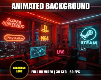 Animowane tło, Cyberpunk Gaming Room, Neon Red Workstation, Night Office, Studio gier wideo, Twitch Youtube Vtuber Stream Loop Video