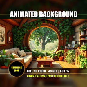 May include: An animated background image of a cosy interior with a large circular window framing a tree. The scene includes a sofa, coffee table, and plants. Text on the image reads "ANIMATED BACKGROUND", "FULL HD VIDEO | 30 SEC | 60 FPS", and "BONUS: STATIC WALLPAPER (HD) INCLUDED".