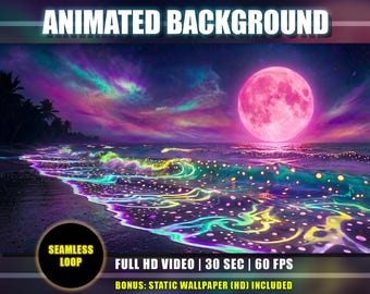 Tropical Beach Animated Background – Yellow Spotted Bioluminescent Waves, Pink Moonlight Night Sky (Digital Download)