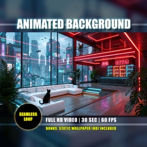 May include: A futuristic interior scene with the text "ANIMATED BACKGROUND". The image features a white sectional sofa, a black cat, and a bar with neon lights. The background shows a cityscape with flying vehicles. The text "SEAMLESS LOOP" and "FULL HD VIDEO | 30 SEC | 60 FPS" are also visible.