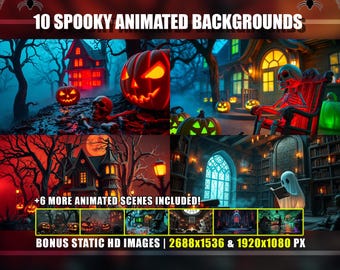Animated Backgrounds - 10 Spooky Halloween Live Wallpapers, Pumpkins Skeleton Witch Ghost Clown, Twitch YouTube VTuber Stream Overlay Loop
