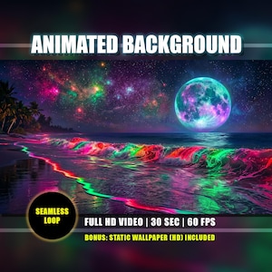 Puede incluir: Imagen de fondo animada con una vibrante escena de playa nocturna. La imagen incluye una colorida galaxia, una luna brillante y olas con tonos neón verdes, rosas y rojos. El texto dice "ANIMATED BACKGROUND" y "FULL HD VIDEO | 30 SEC | 60 FPS".