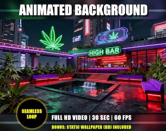 Weed Rooftop Lounge Animated Background, Marijuana Leaf, Cyberpunk Sci-Fi City Night Bar Live Wallpaper Loop | VTuber Twitch Youtube