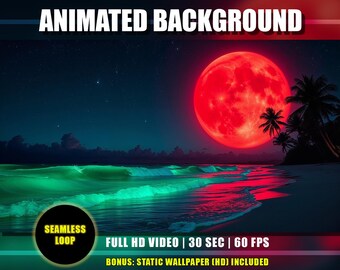 Animated Background - Moonlight Tropical Beach | Red Moon Glowing Green Waves Nighttime Surreal Ocean | Youtube Twitch Vtuber Stream | Loop