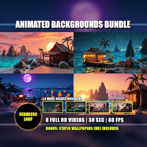 Animated Backgrounds Bundle - Tropical Fishing Village Night & Sunset Ocean Live Wallpaper | Twitch Youtube Vtuber Stream Loop 8 HD Videos
