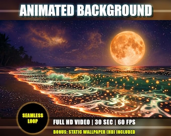 Tropical Beach Animated Background – Orange Spotted Bioluminescent Waves, Moonlight Night Sky (Digital Download)