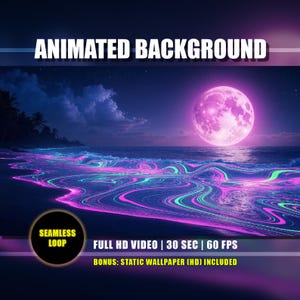 Puede incluir: Un fondo animado que muestra una playa nocturna con una gran luna rosa. Las olas brillan con colores neón rosa y turquesa. La imagen incluye el texto "ANIMATED BACKGROUND" y especificaciones de video.