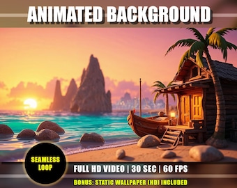 Animated Background - Tropical Fishing Village Sunset Beach Cabin, Afternoon Ocean Waves | Twitch Youtube Vtuber Stream Loop