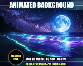 Animated Background - Moonlight Tropical Beach | Neon Teal Purple Waves Ocean | Milky Way Galaxy Sky | Twitch Vtuber Youtube