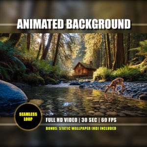 Puede incluir: Imagen de fondo animada de un bosque con una cabaña junto a un río. Un ciervo bebe agua. El texto incluye "ANIMATED BACKGROUND", "SEAMLESS LOOP" y especificaciones de video, incluyendo 30 segundos a 60 FPS.