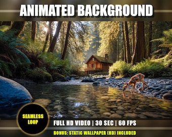 Animated Background - Forest River | Cozy Outdoor Nature with Deer, Cottage, Trees | Relaxing Live Wallpaper | Vtuber Youtube Twitch Loop