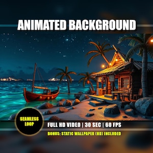 Animated Background | Tropical Fishing Village Night 02 | Starry Beach House Glowing Ocean | Relaxing Looped Twitch Youtube Vtuber Overlay