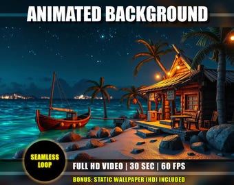Animated Background - Tropical Night | Magical Blue Waves | Nighttime Ocean | Twitch Youtube Vtuber Overlay