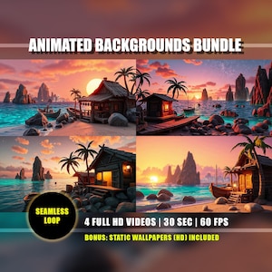 Puede incluir: Un paquete de arte digital que presenta cuatro escenas de playa animadas con cielos de puesta de sol, palmeras y pequeñas cabañas de madera. La imagen incluye el texto "ANIMATED BACKGROUNDS BUNDLE", "SEAMLESS LOOP" y especificaciones de video.