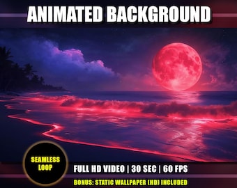 Animated Background - Moonlight Tropical Beach | Magical Neon Red Waves | Nighttime Ocean Environment | Youtube Twitch Vtuber Stream Loop